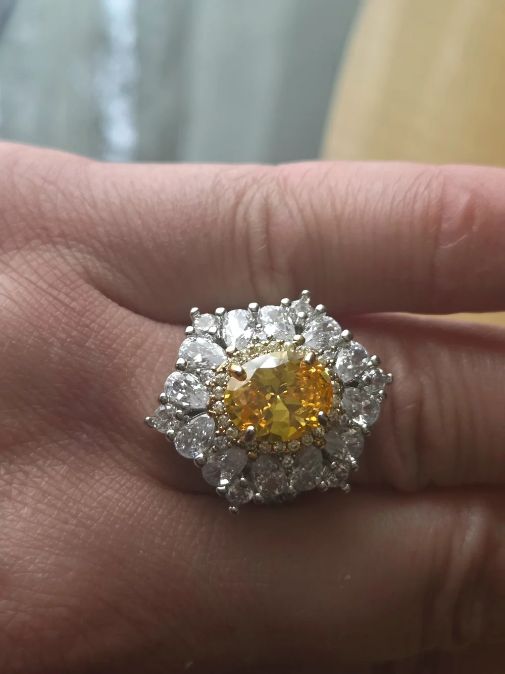 : 925 Sterling Silver Yellow Cubic Zirconia Statement Ring – Crystal Stones